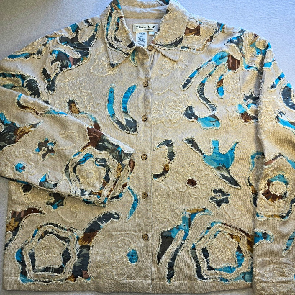 VTG Coldwater Creek Boho Art To Wear Applique Rayon Jacket L Cotton Mixed Media.